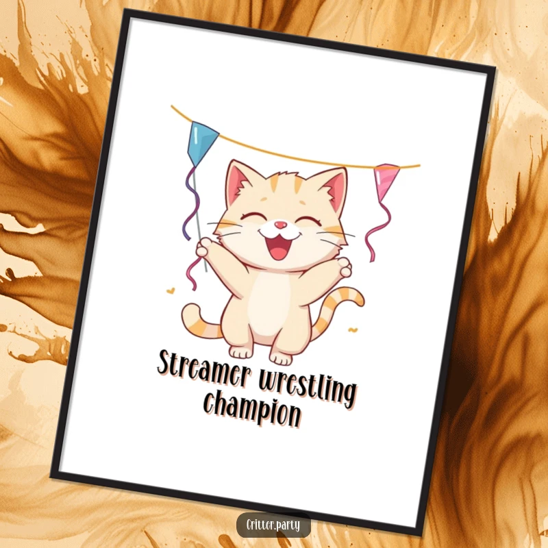 Funny cat poster showcasing a smiling cat batting playfully at a dangling party streamer, capturing a moment of energetic feline celebration.