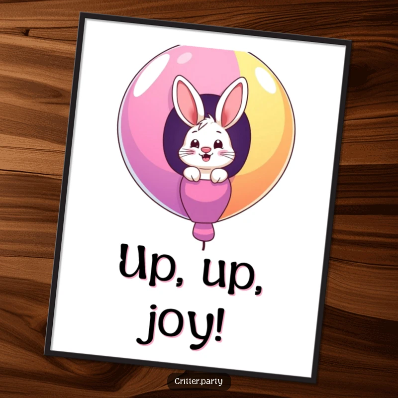 Funny poster showing a giggling bunny character peeking out from a giant, colorful balloon, ideal for adding a playful atmosphere.