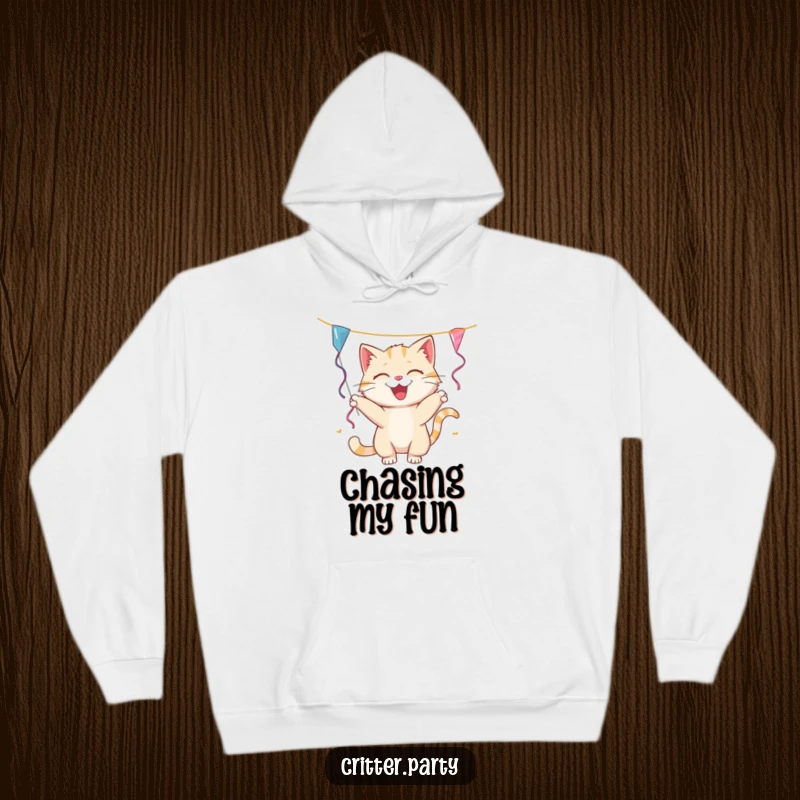 Funny cat hoodie with a playful cat batting at a party streamer, offering cozy warmth and humorous feline antics.