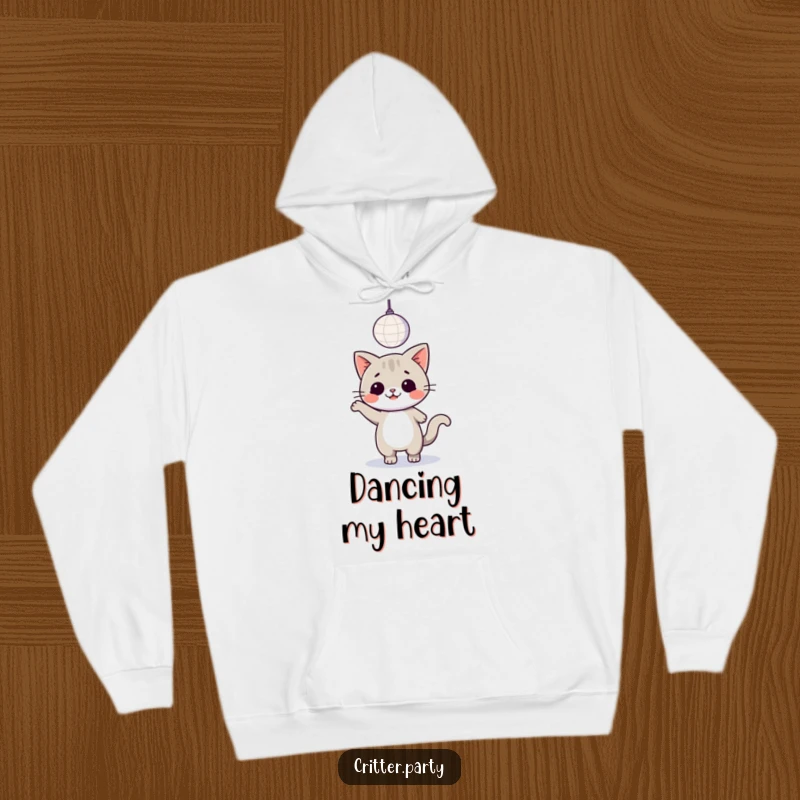 Funny kawaii cat grooving under a disco ball, a comfortable and stylish hoodie for dance lovers.