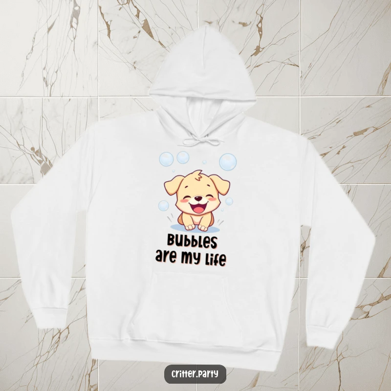 Funny hoodie featuring a playful puppy with an ecstatic, open-mouthed expression, joyfully pursuing a stream of floating bubbles.