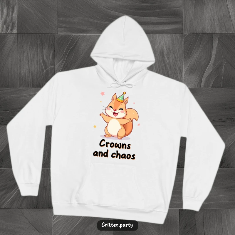 Funny hoodie featuring a joyful squirrel wearing a tiny party crown, spinning happily, perfect for cozy celebrations and festive warmth.