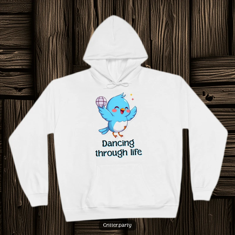 Funny blue bird hoodie holding a tiny disco ball, dancing with happiness, perfect for cozy nights and party vibes, great for a funny gift.
