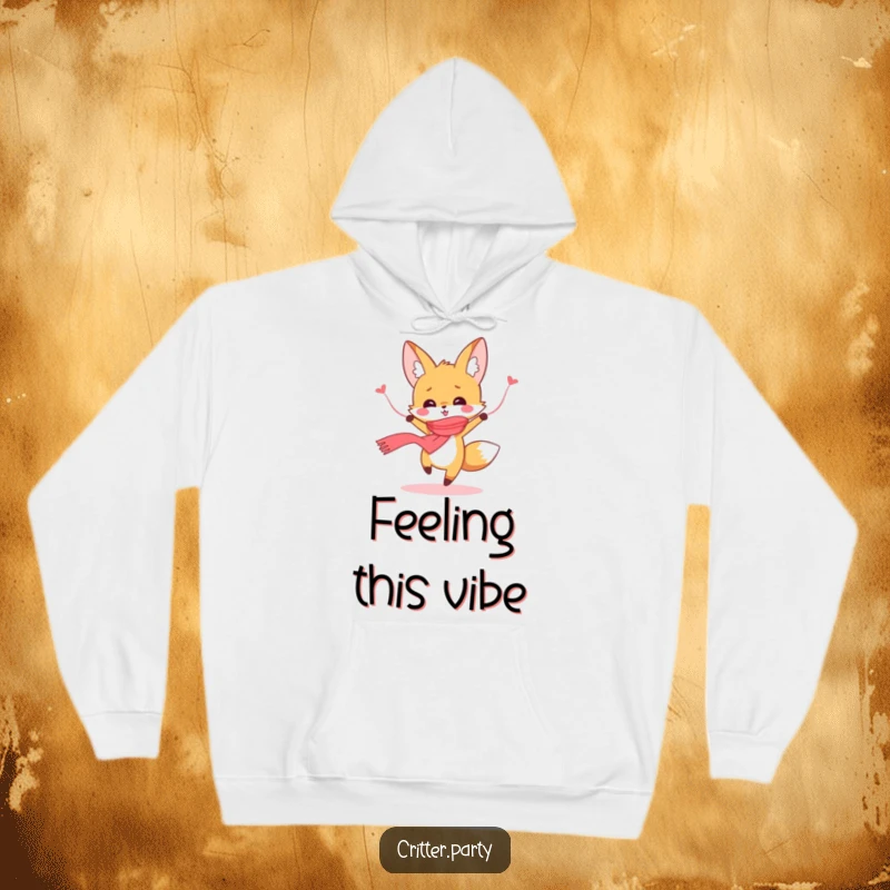 Funny cute fox in a streamer scarf, dancing wildly with pure joy, featured on a comfortable hoodie, great funny gift.