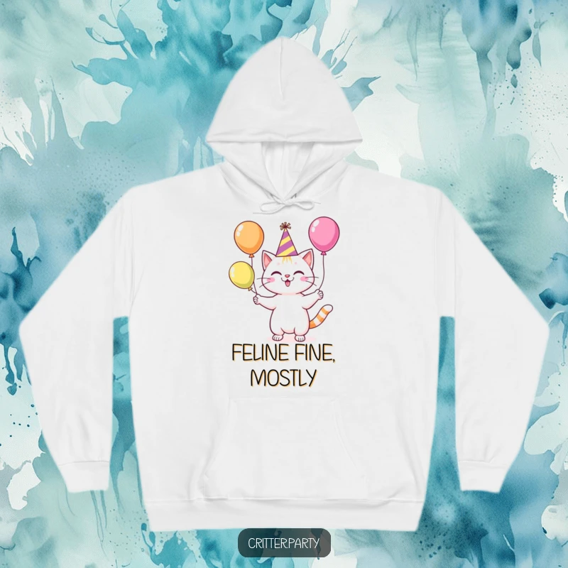 Funny, cheerful cat in a party hat juggling colorful balloons, cozy hoodie design for ultimate comfort and laughs.