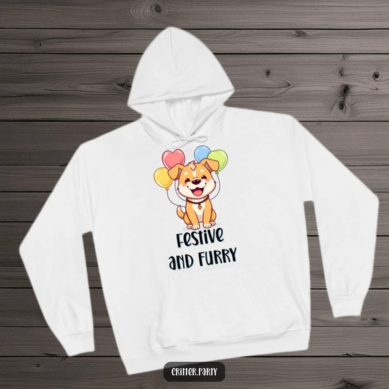 Funny hoodie showcasing a happy dog humorously outfitted with a string of colorful balloons, perfect for cozy, cheerful days.