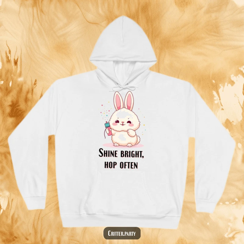 Funny bunny hoodie featuring a fluffy bunny character enjoying a shower of glitter released from a miniature party popper.