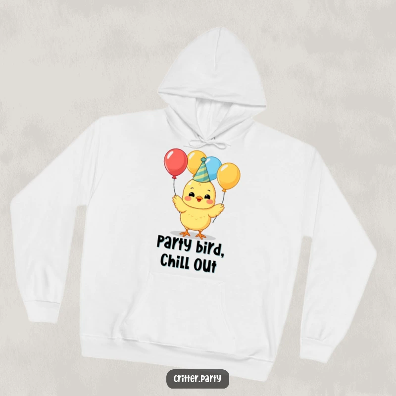 Funny cute yellow chick wearing a party hat, juggling colorful balloons on a cozy hoodie, perfect for festive fun.