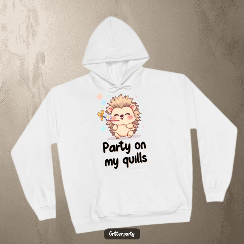 Funny Hedgehog Hoodie: A cute hedgehog happily blows bubbles using a party popper, radiating pure festive fun.