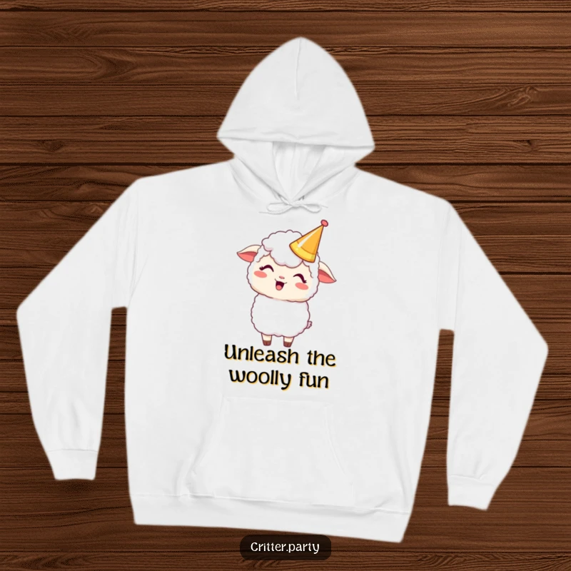 Funny Kawaii sheep character in a party crown, giggling heartily, printed on a warm hoodie for ultimate funny comfort.