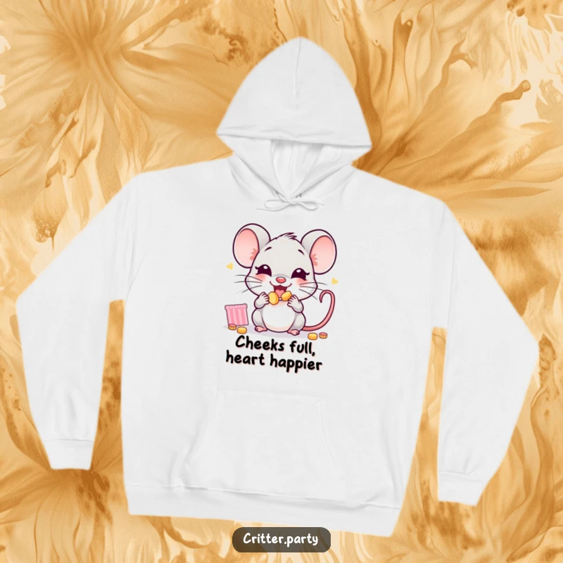 Funny mouse hoodie featuring a joyful little mouse character enthusiastically stuffing its cheeks with tiny party snacks, cozy and cute.