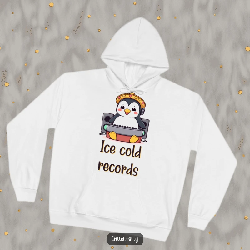 Funny hoodie featuring a happy penguin wearing a sombrero, sliding across a DJ booth with cool energy.