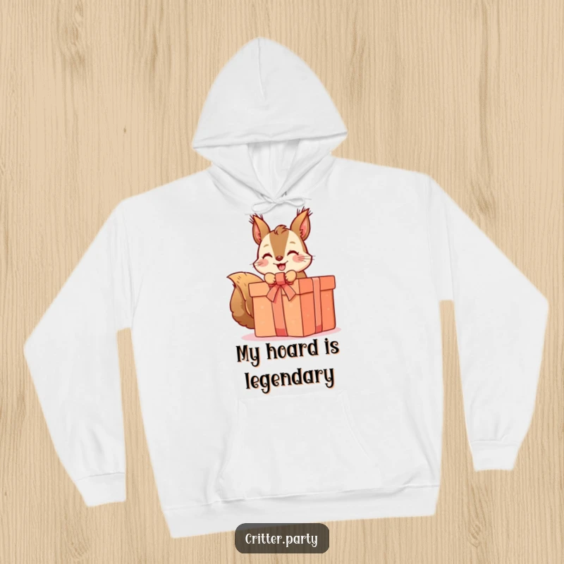 Funny squirrel hoodie depicting a cute squirrel character joyfully unwrapping a massive, ribbon-covered present, bringing warmth and humor.
