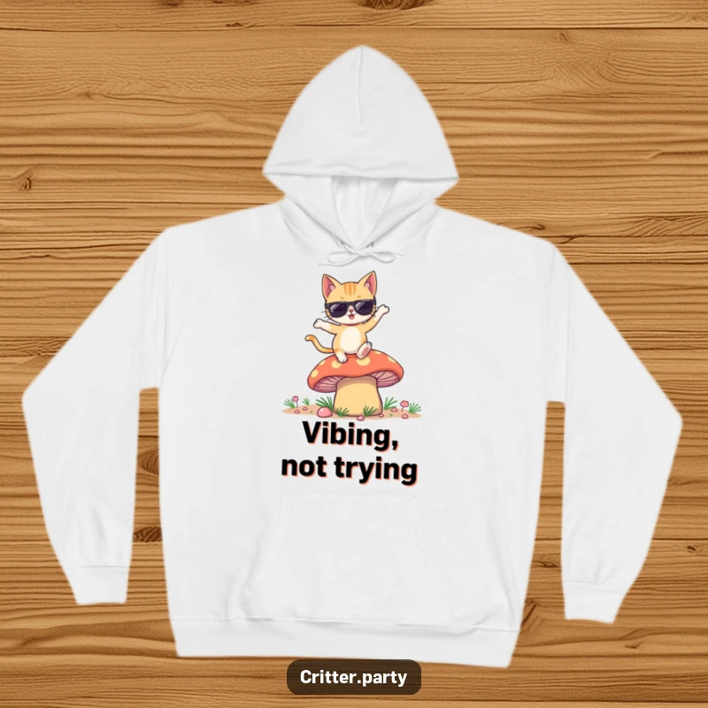 Funny hoodie featuring a winking cat with sunglasses dancing ecstatically on a giant, colorful mushroom.