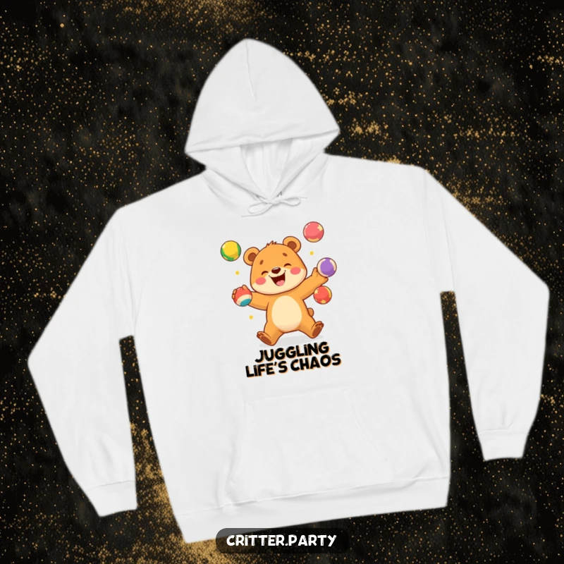 Funny hoodie with an excited bear cub happily juggling colorful balls, ideal for cozy, joyful moments.