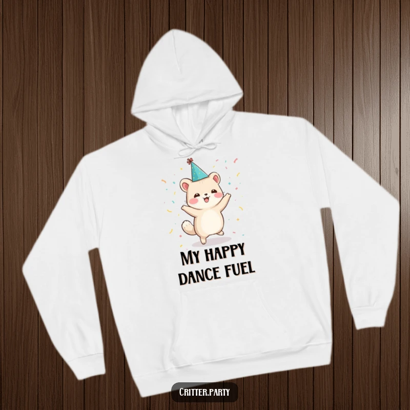 Funny hoodie featuring a delighted small animal character in a party hat, dancing exuberantly with confetti, embodying festive cheer.