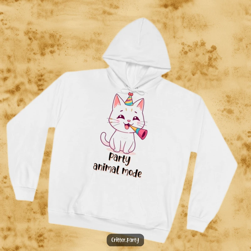 Funny hoodie featuring a cheerful, small cat wearing a party hat and blowing a tiny party horn with enthusiastic gusto.
