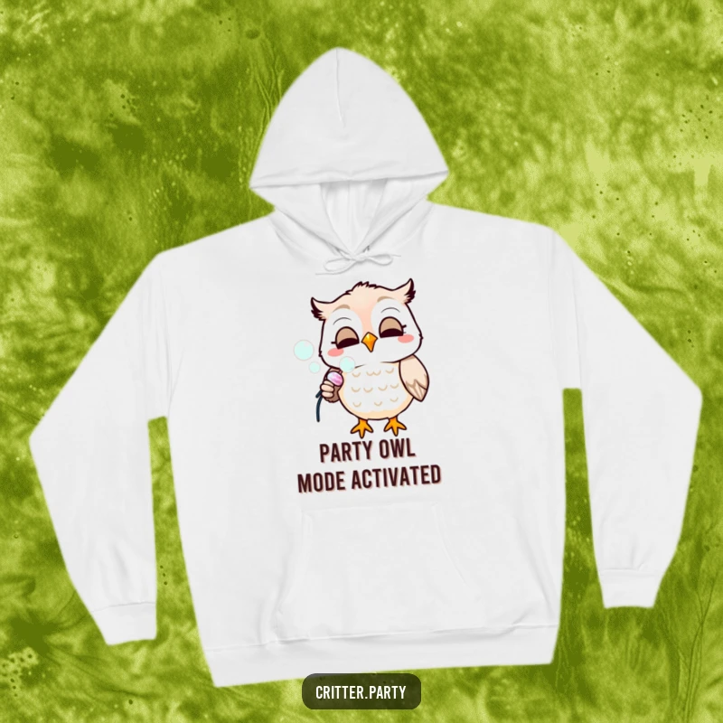 Funny hoodie featuring a smiling owl blowing bubbles from a party popper, perfect for cozy, festive celebrations.