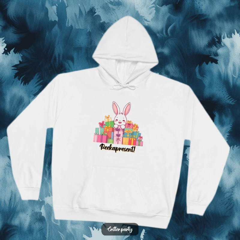 Funny rabbit present hoodie with a delighted rabbit character peeking from behind a giant pile of presents, offering cozy surprise.