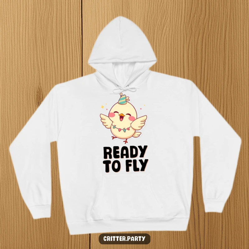Funny bird hoodie worn by a joyful character with a huge grin, party garland, and a fluttering, happy pose.