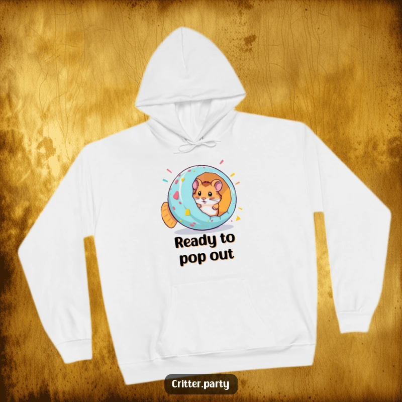 Funny hoodie depicting a curious hamster popping out of a giant, colorful party popper, ready for festivities.