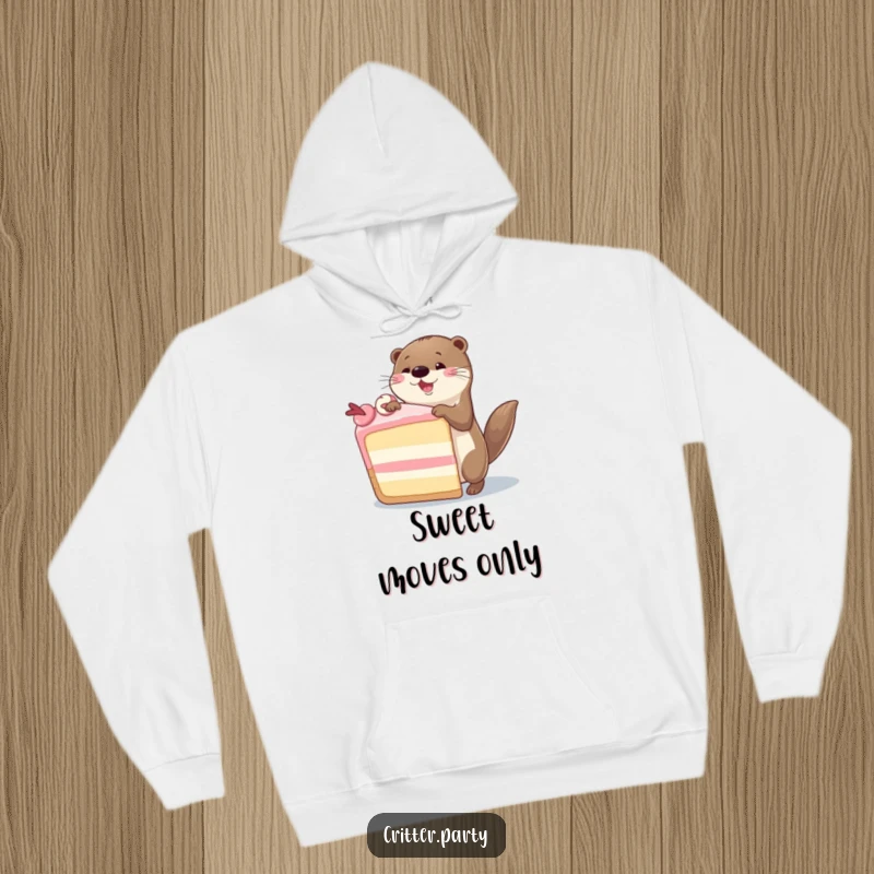 Funny Otter Hoodie: A joyful otter performing a silly, energetic dance around a large slice of cake, full of glee.