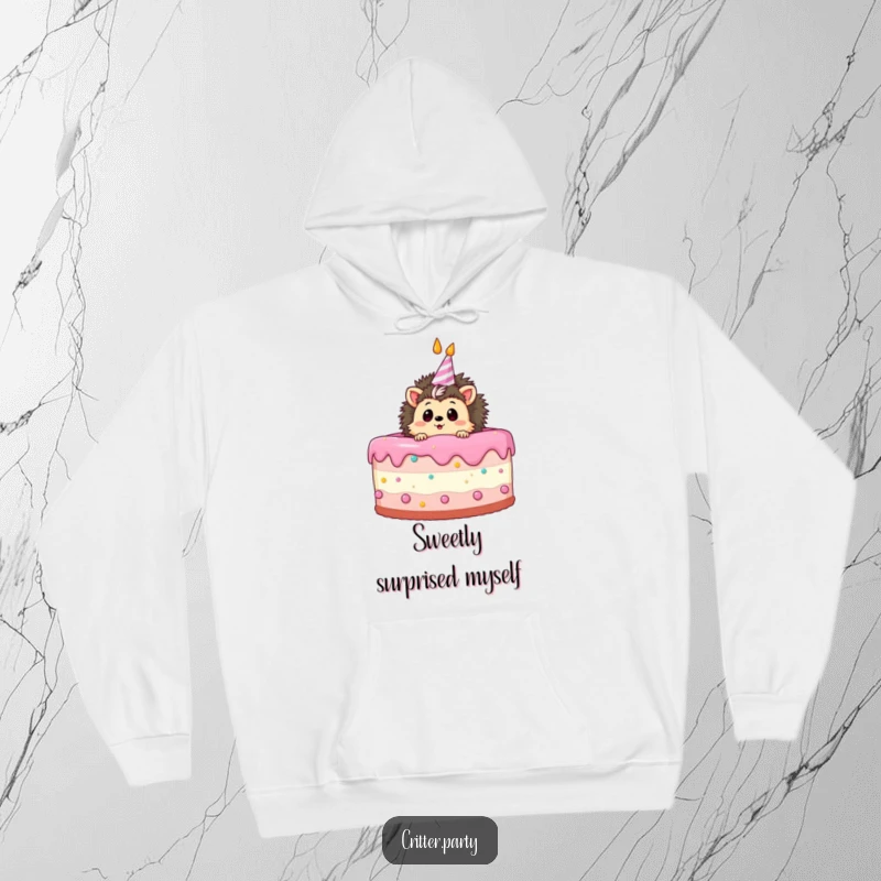 Funny hoodie featuring a curious hedgehog poking its head out of a massive birthday cake, looking delightfully surprised amongst the candles.