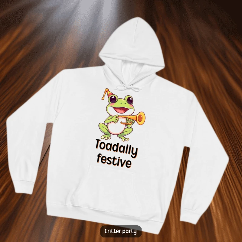 Funny hoodie depicting a joyful frog character playing a tiny trumpet with a wide, happy smile.