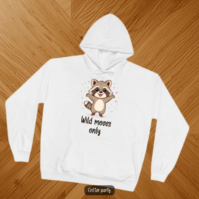 Funny hoodie showing a happy raccoon character dancing wildly amidst a shower of confetti, perfect for expressing joy and celebrating life.