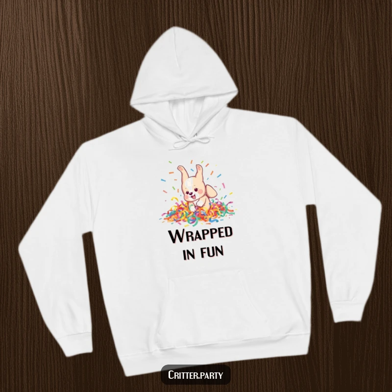 Funny Hoodie: A playful puppy character is captured mid-somersault within a chaotic, colorful pile of streamers, full of joy.