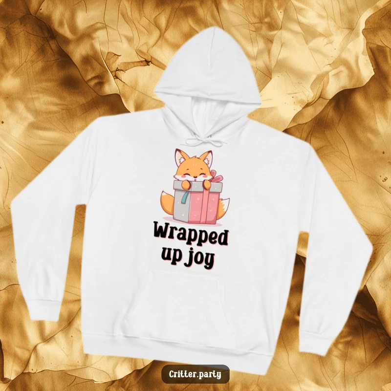 Funny kawaii fox playfully unwrapping a large gift box, a comfortable and warm hoodie for those who love surprises.