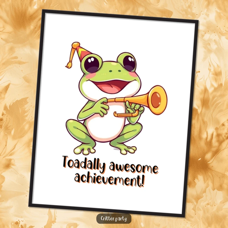 Funny Free Printable Wall Art: Party frog character joyfully plays a tiny trumpet, beaming with a wide smile.