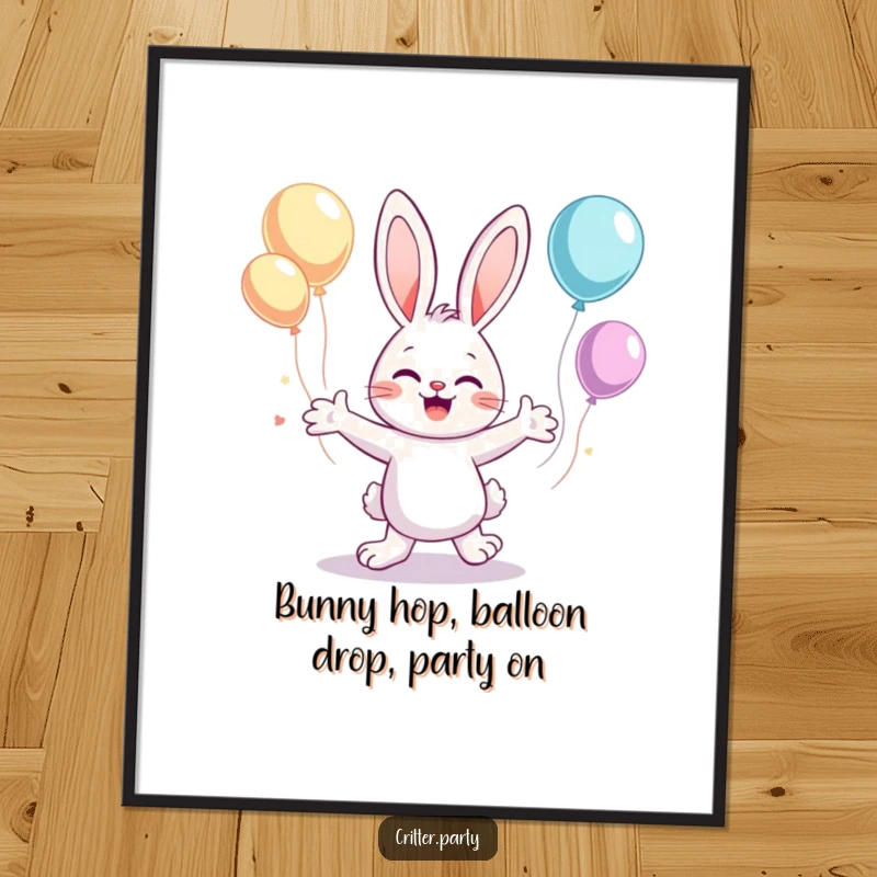 Funny Free Printable Wall Art: A cute bunny dancing with flailing arms and floating balloons, a joyful downloadable decor piece.