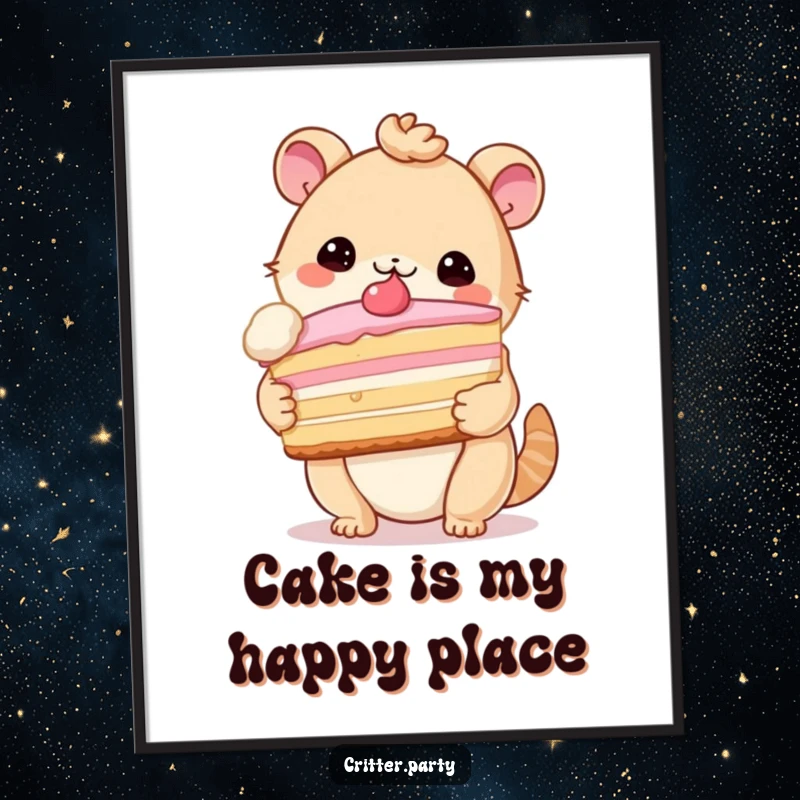 Funny Free Printable Wall Art: A cute critter proudly holds a giant slice of cake, a whimsical decoration.