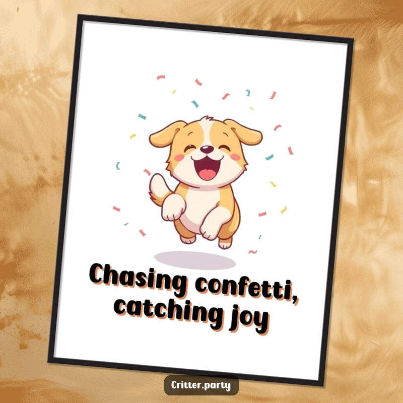 Funny free printable wall art of an excited dog in full pursuit of a colorful confetti stream, captured mid-chase with a happy expression.