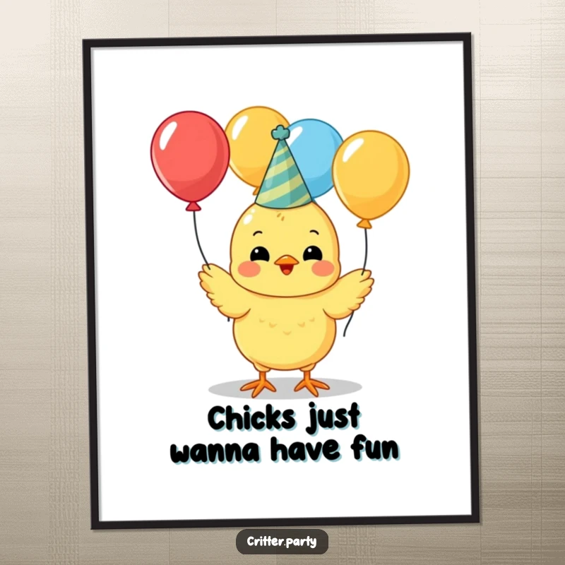 Funny Free Printable Wall Art: Cute yellow chick in a party hat juggles colorful balloons, exuding pure joy.