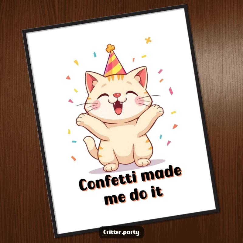 Funny Free Printable Wall Art: Excited cat character in a party hat joyfully tosses a shower of confetti.