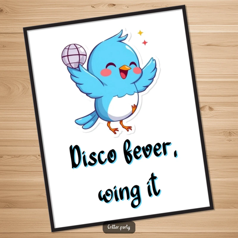 Funny Free Printable Wall Art: A joyful blue bird twirls with a tiny disco ball, radiating happiness and dance energy.