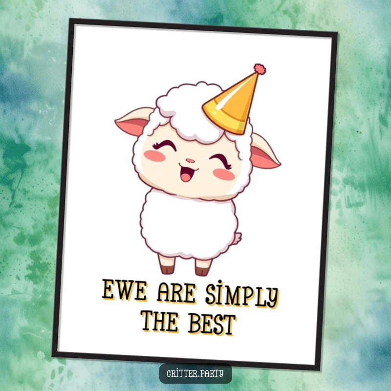 Funny Free Printable Wall Art: A giggling Kawaii sheep wearing a silly party crown, available as downloadable art.