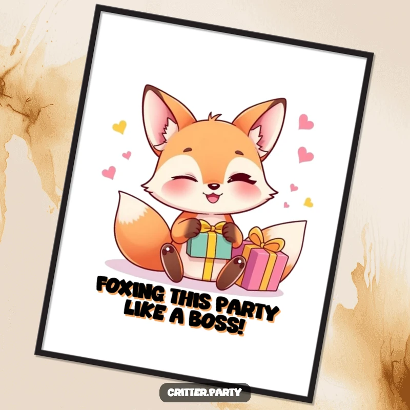 Funny Free Printable Wall Art: A winking fox skillfully juggles small, colorful gift boxes in a playful display.