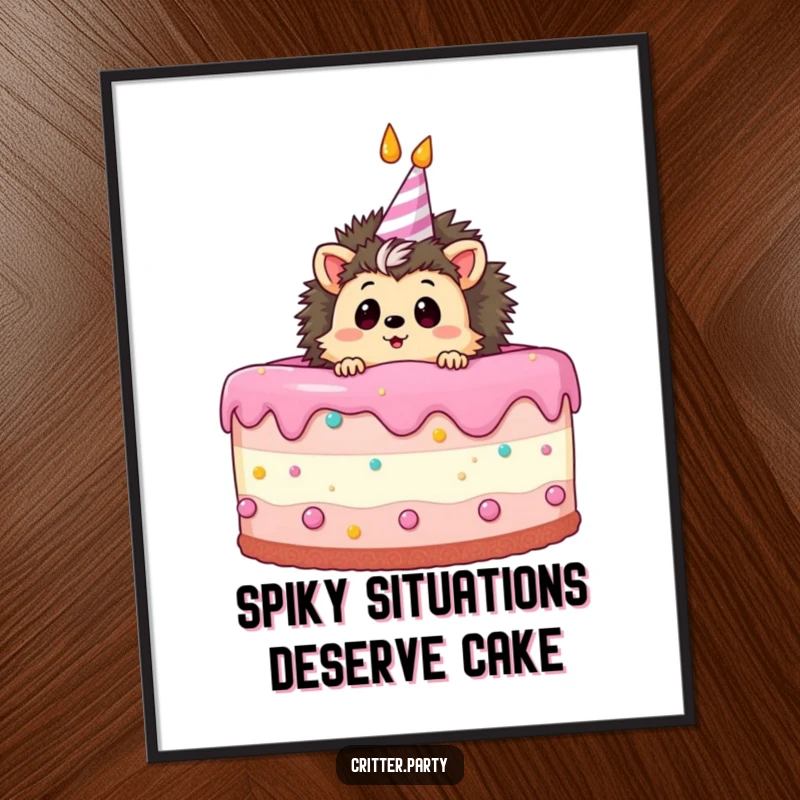 Funny free printable wall art of a curious hedgehog peeking out from a giant birthday cake, looking surprised.