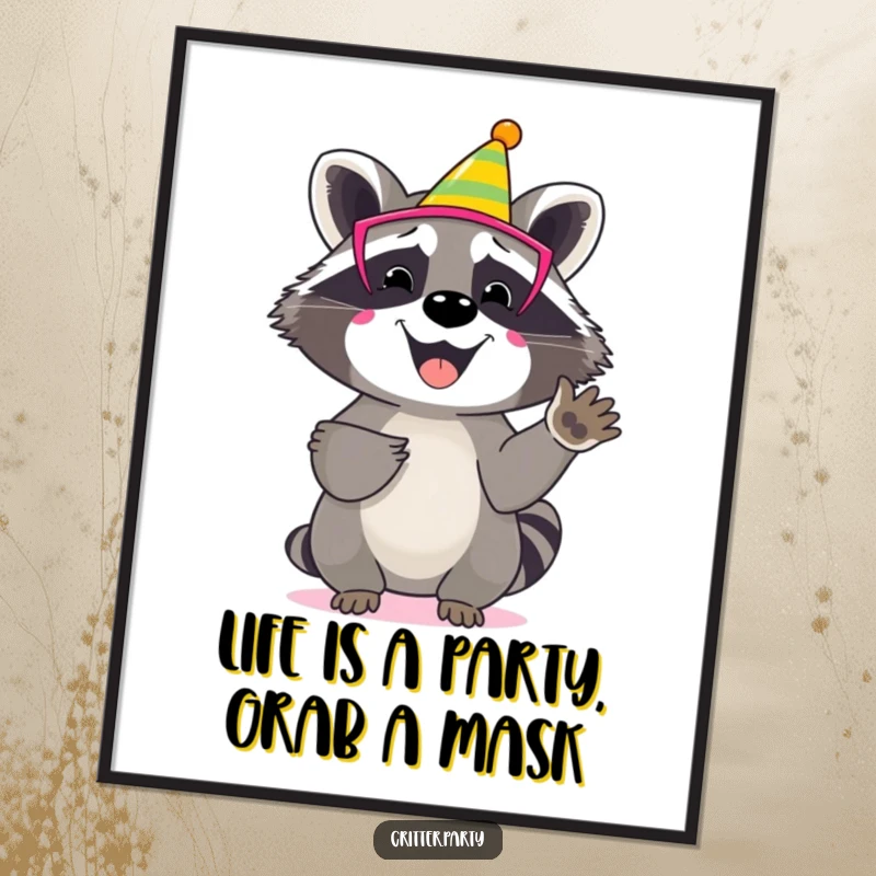 Funny Free Printable Raccoon Wall Art: Happy raccoon character wearing a colourful party mask, enthusiastically clapping its paws.