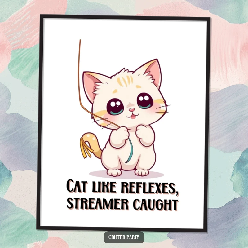 Funny Free Printable Wall Art: A small cat playfully batting a dangling, shiny streamer with wide eyes, a humorous downloadable.