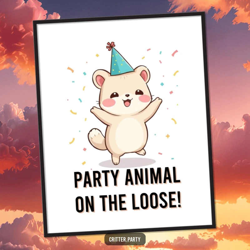 Funny Free Printable Wall Art: A happy animal in a party hat dances energetically with confetti, creating a festive mood.