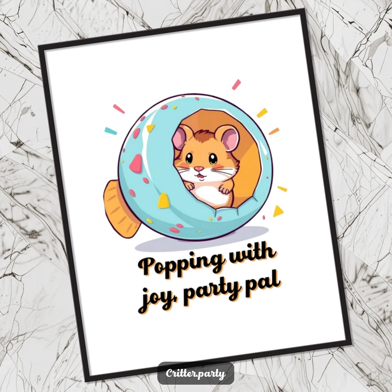 Funny Free Printable Wall Art: A curious hamster peeks out from a giant, colorful party popper, ready for fun.
