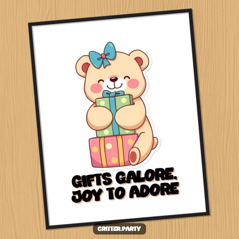 Funny Free Printable Wall Art: A smiling bear lovingly hugging a generous stack of colorful presents, bringing cheer.