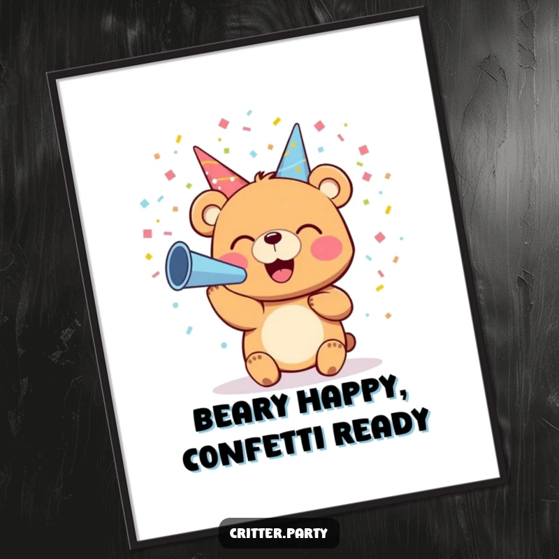 Funny Free Printable Wall Art: A small bear joyfully blowing colorful confetti from a party horn with a huge smile, cheerful decor.