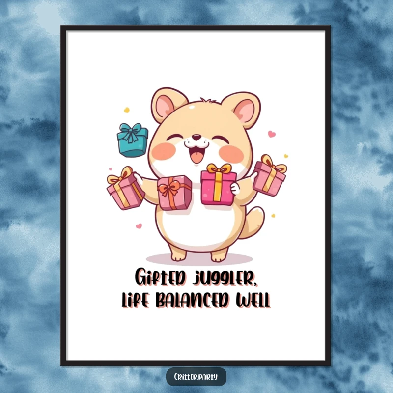 Funny Free Printable Wall Art: A round animal character giggling while juggling brightly colored gift boxes, a humorous downloadable.