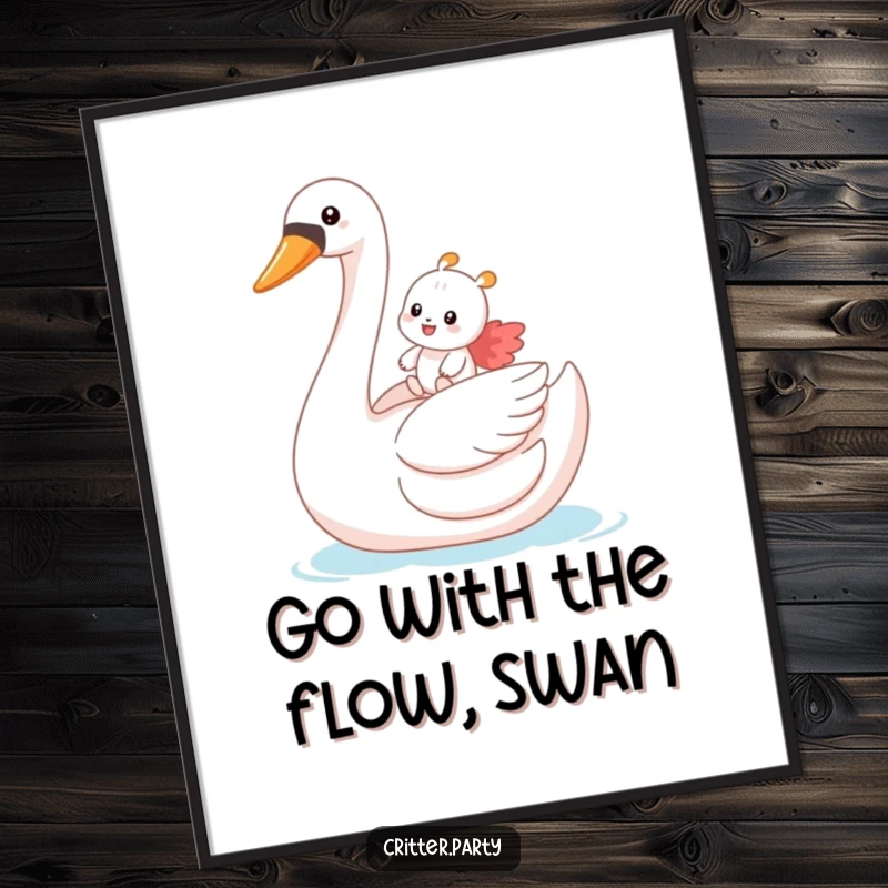 Funny Free Printable Wall Art: A small critter has a joyful ride on a large inflatable swan, a whimsical decoration.