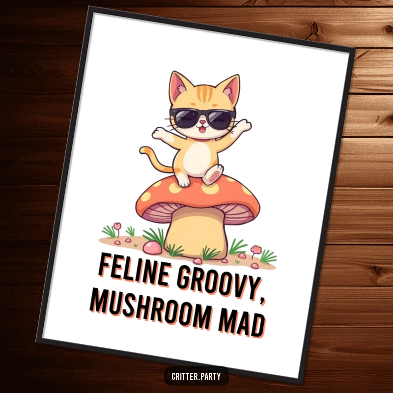 Funny Free Printable Wall Art: Winking cat wearing sunglasses dances joyfully atop a giant, vivid mushroom.